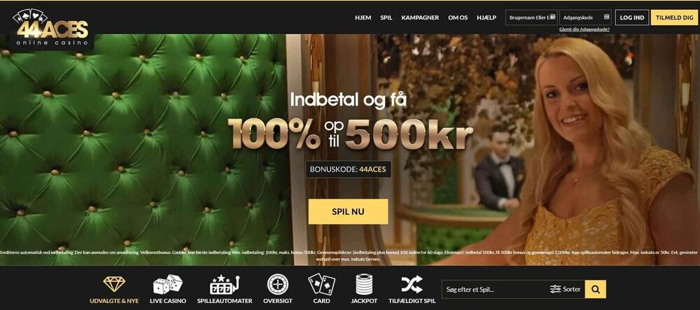 Skærmbillede fra 44aces Casino, der viser onlinecasinoets velkomstbonus