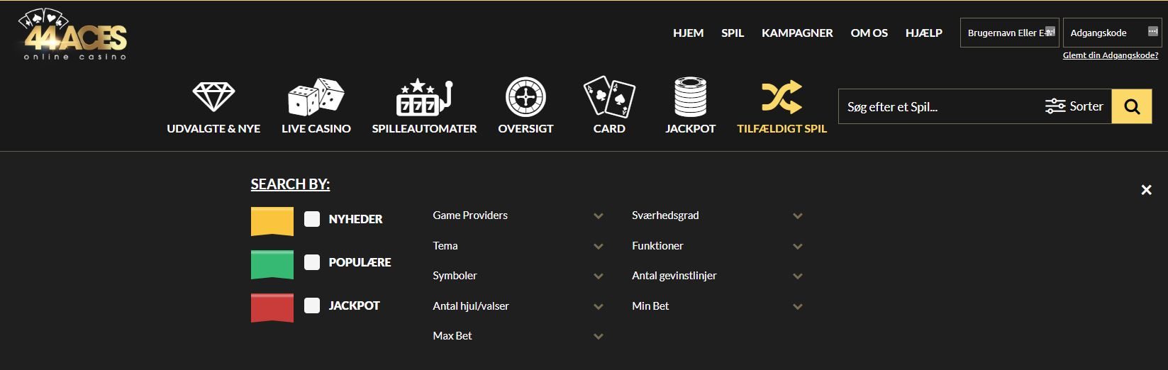 Søgefunktion hos 44aces casino