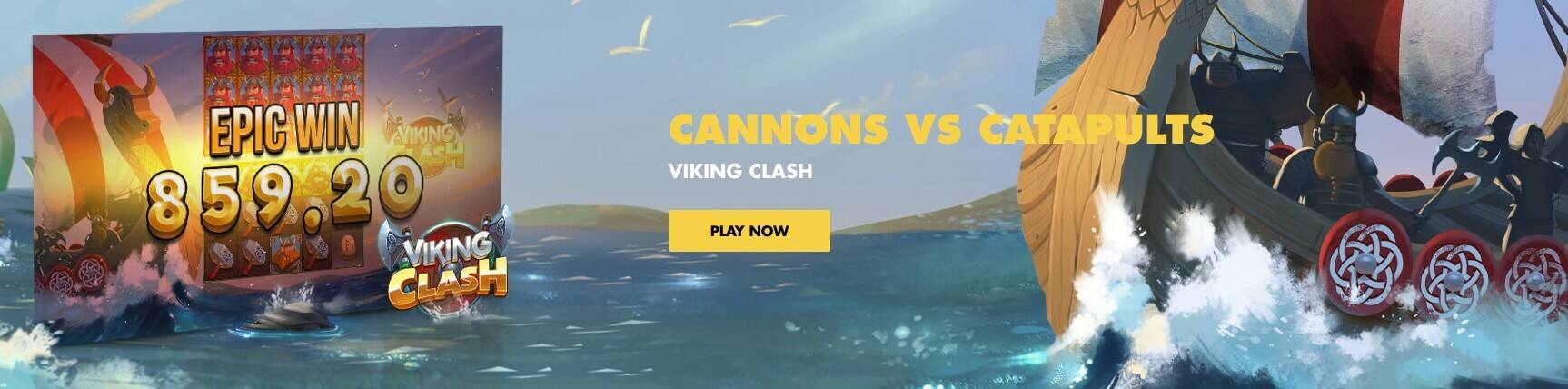 Banner med Bethard-spilleautomaten Cannons VS Catapults Viking Clash på casinosiden