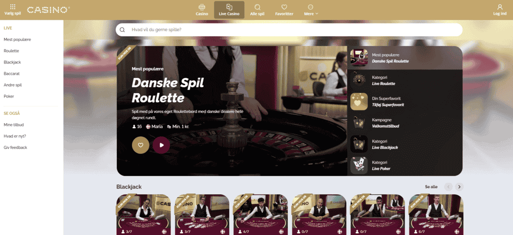Danske Spil Live Casino roulettebord med hvid og beige baggrund