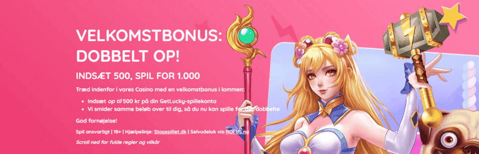 GetLucky Danmark velkomstbonus med lyserød baggrund, spilelementer og hvid tekst