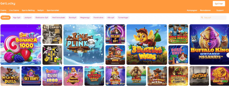 Skærmbillede af GetLuckys hjemmeside med orange baggrund og oversigt over casinospil