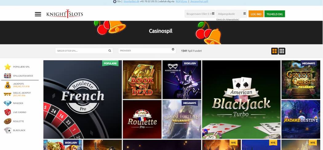 Skærmbillede fra KnightSlots Casino Danmark med oversigt over casinospil