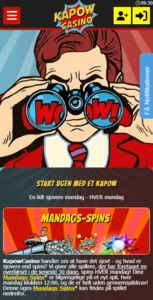 Screenshot af mandagsspins hos Kapow Casino fra mobilcasinoet