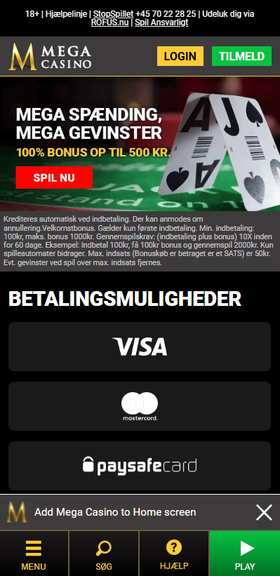 Forside hos Mega Casino med velkomstbonus