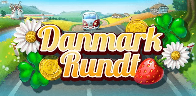 Danmark Rundt er en casino-spilleautomat fra Pip.dk med blomster, jordbær og dansk landskab langs en landevej
