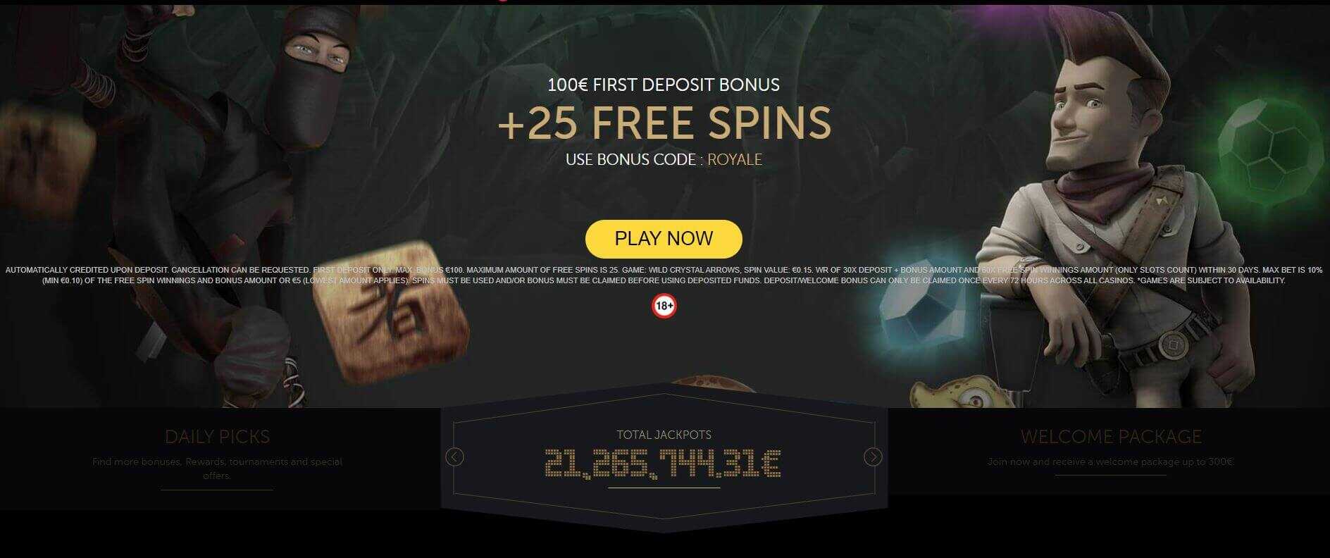 Skærmbillede af Royale500s startside og online casino