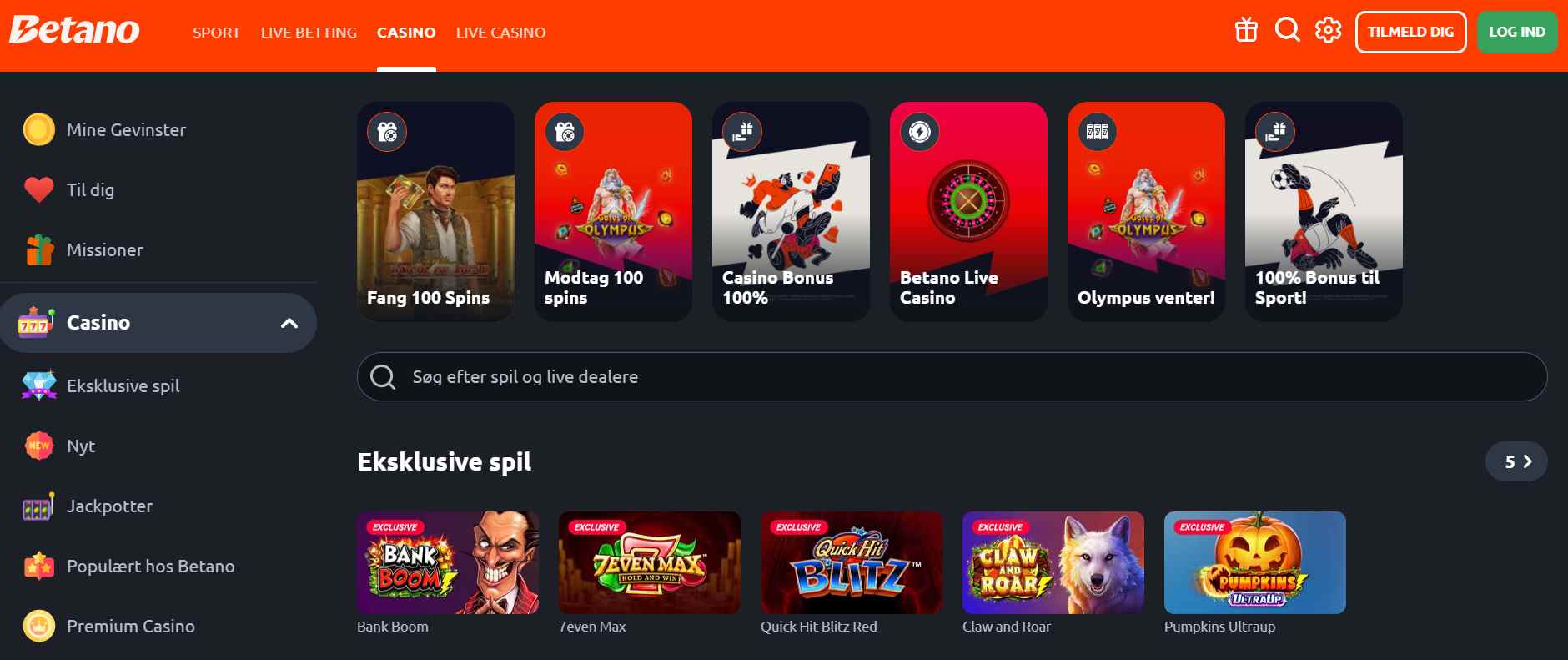 Skærmbillede fra Betano Casino Danmark, en online casinoside med dansk licens
