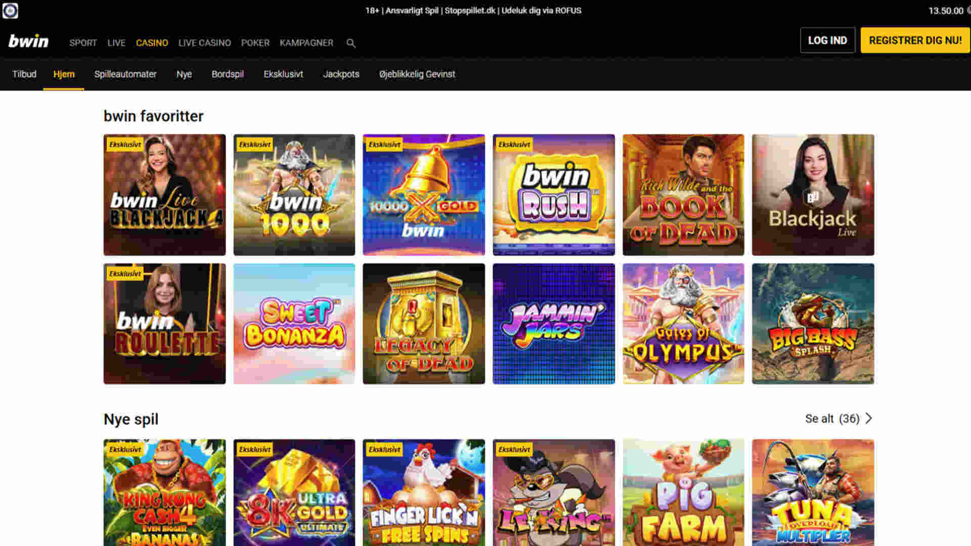 Skærmbillede fra Bwin online casino med casinospil, vist i en dansk casinoanmeldelse