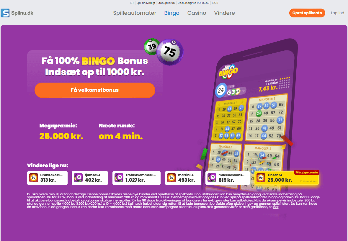 Skærmbillede af Spilnu.dk’s bingosektion