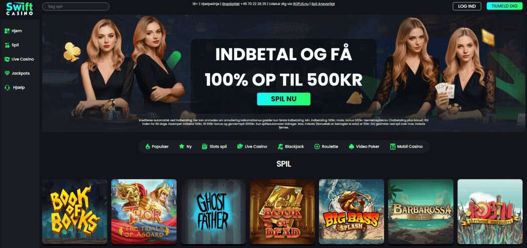 Skærmbillede af Swift Casinos danske forside i 2025