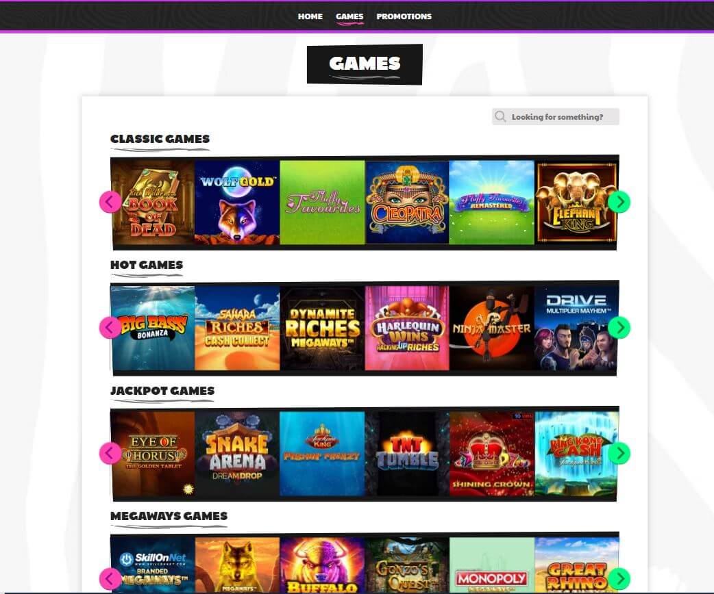 Skærmbillede fra Zebra Wins Casino med oversigten over spil
