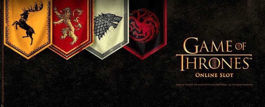 Mørkt Game of Thrones-banner til spilleautomaten med gylden tekst og GoT-logo