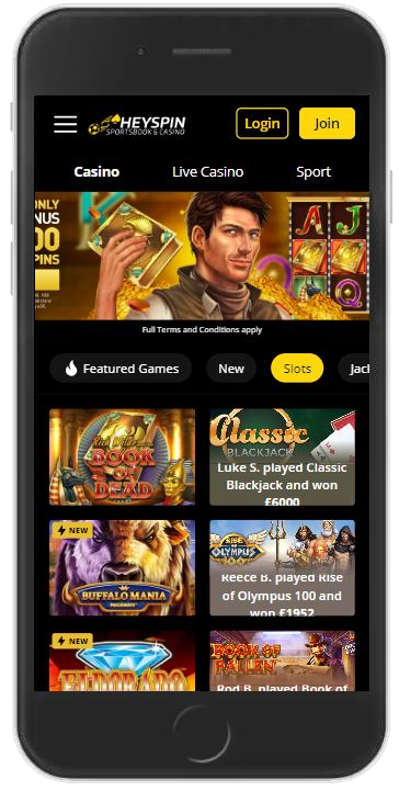 HeySpins casino vist på en iPhone