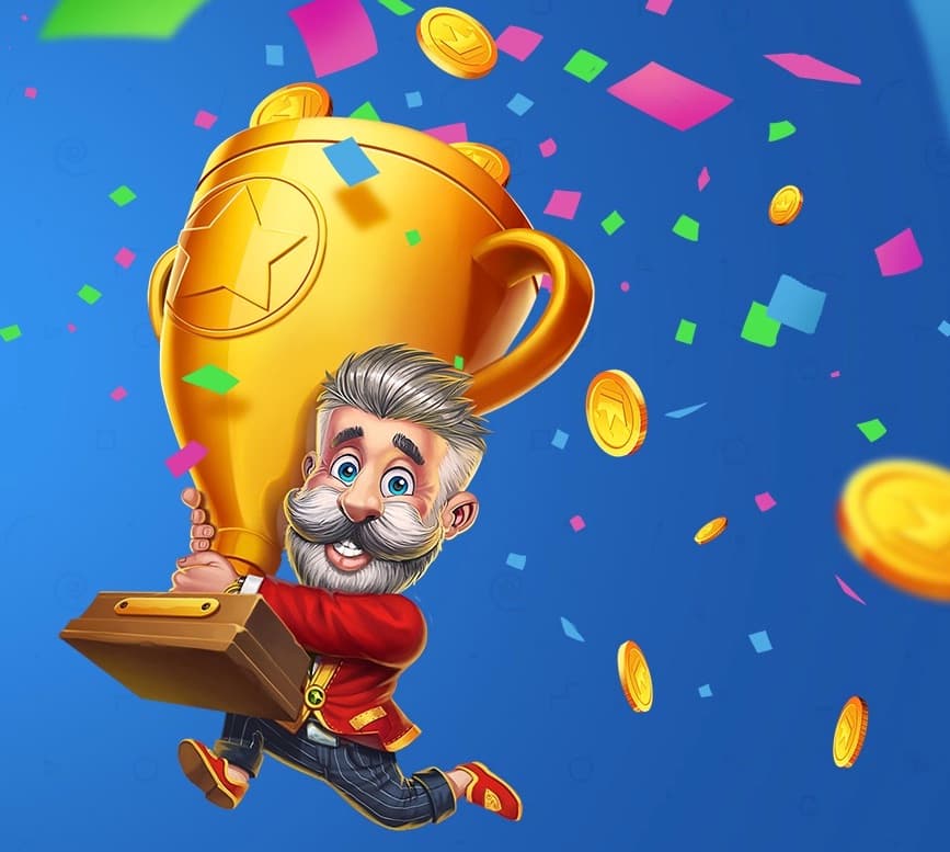 Lucky Louis holder en pokal i armene